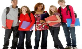 Teens with backpacks and notebooks