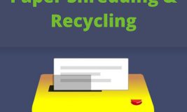 Words "Paper Shredding & Recycling" with cartoon paper shredder underneath