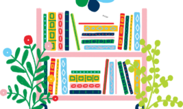 Colorful illustration of book card with books, plants, and butterfly. Text says "Adult Summer Reading Challenge"
