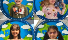 4 photos of kids hanging up in the library