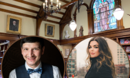 Historic room in library. Circular photos of performers on top of photo.