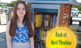 Teen girl standing next to a Little Free Library at a beach pavilion.