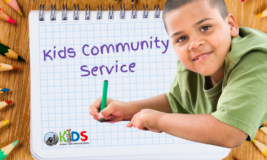Boy coloring with colored pencils around him. Text says "Kids Community Service"