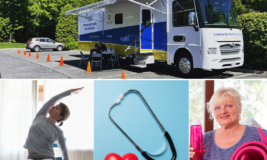 Collage of photos - mobile health bus, person doing chair yoga, person holding water bottle and exercise mat, and stethoscope with heart next to it.