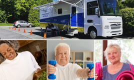 Collage of photos: Mobile Health Outreach Bus in Library parking lot, woman making salad, man lifting weights, woman with yoga mat and water bottle