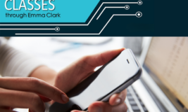 Up close photo of hand on cell phone with laptop in background. Text says "Technology Classes through Emma Clark"