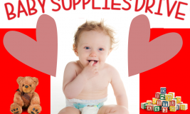 Little Valentines: Baby Supplies Drive with photo of baby in diaper and 2 hearts and baby supplies next to the baby.