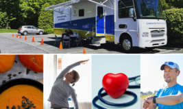 Collage of photos - mobile health bus, pumpkin soup, person doing chair yoga, stethoscope with heart on it, runner taking his pulse.