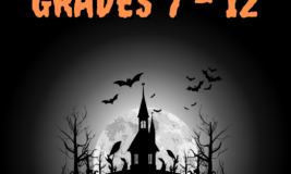 Haunted house with bats flying around. Grades 7 - 12 in orange, spooky font.