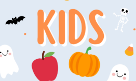 Halloween and fall themed graphics. Text says kids