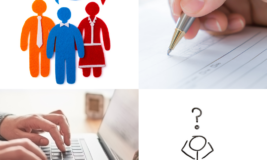 Photos of close-up of hands typing on a laptop and writing with a pen. Cartoon images of people with questions.