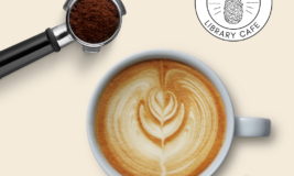 Espresso drink and coffee beans. Level Up Kitchen Library Cafe Logo.