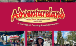 Adventureland logo in center with photos of amusement park around it.
