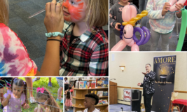 Photos of girl getting face painted, girls with balloon animals, girls with bunny outside, boy with ball, and kids at a magic show.