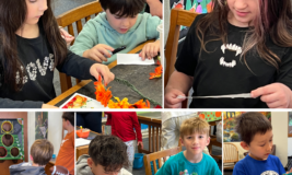 Photos of kids doing crafts and one boy throwing a football into a carnival game.