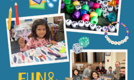 Photo of a girl making a craft, families playing games, and beaded jewelry making. Text says "Fun & Play." Graphics of various craft and game items.