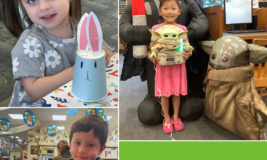 Photos of girl with bunny craft, girl with Star Wars decorations, and boy doing a craft. Stop by the library!