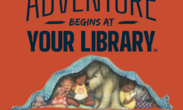 Drawing of kids and dog reading under a blanket. Text says "Adventure Begins at Your Library. Kids Summer Reading Challenge (Babies - Grade 6)"