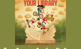 Drawing of teens on bikes, scooters, roller skates and skateboards coming out of a book. Text says "Adventure Begins at Your Library. Teen Summer Reading Challenge (Grades 7 - 12)"