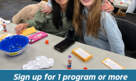 Two teen girls at the library. Text says "Sign up for 1 program or more on this full day for teens & tweens"
