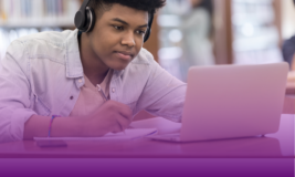 Teen on laptop and taking notes with a pencil. Text says "Exclusively for Grades 9 - 12"