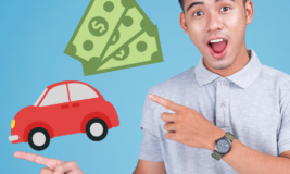 Teen looking surprised and pointing to cartoon images of money and a car