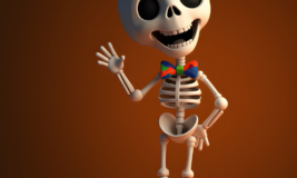 Friendly skeleton smiling and waving with jack o' lanterns on the floor behind him