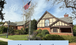 Photo of Emma Clark Library with text on top that says "Message from the Library Board of Trustees"