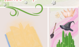 Text says "There's snow place like the Library" with image of a magical looking book, snowflakes, castle, hat, brooomstick, and crown.