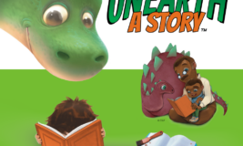 Images of dinosaurs and people reading. Book with archaeological tools. "Unearth A Story."