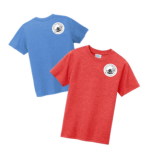 2 children's t-shirts, one blue and one red, with Emma Clark logo